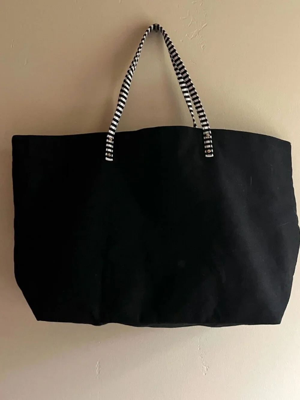 Victoria's Secret Black Canvas Beach summer travel Tote bag striped y2k oversize